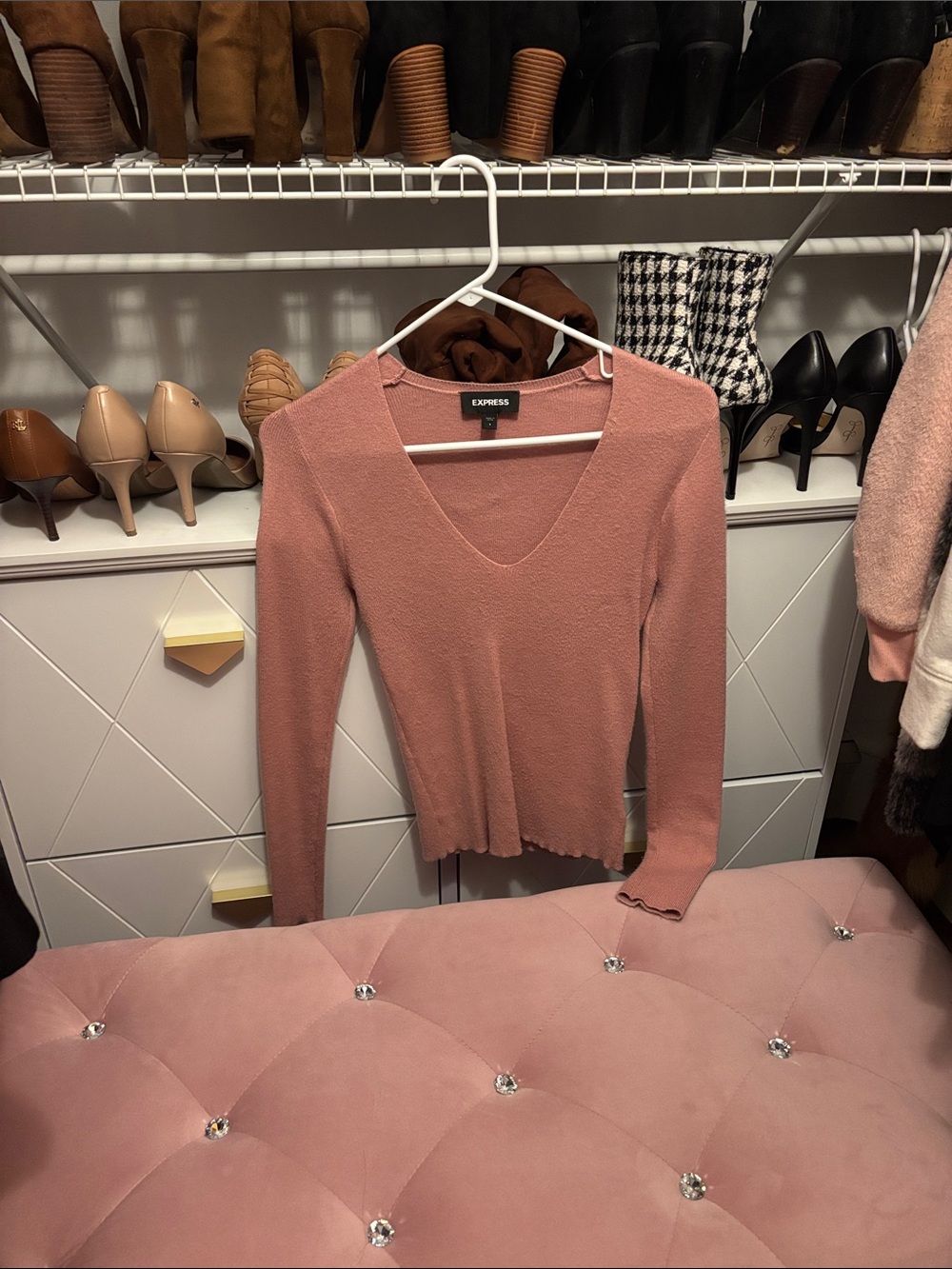 Express Dusty Rose V-Neck Lightweight Long Sleeve Top